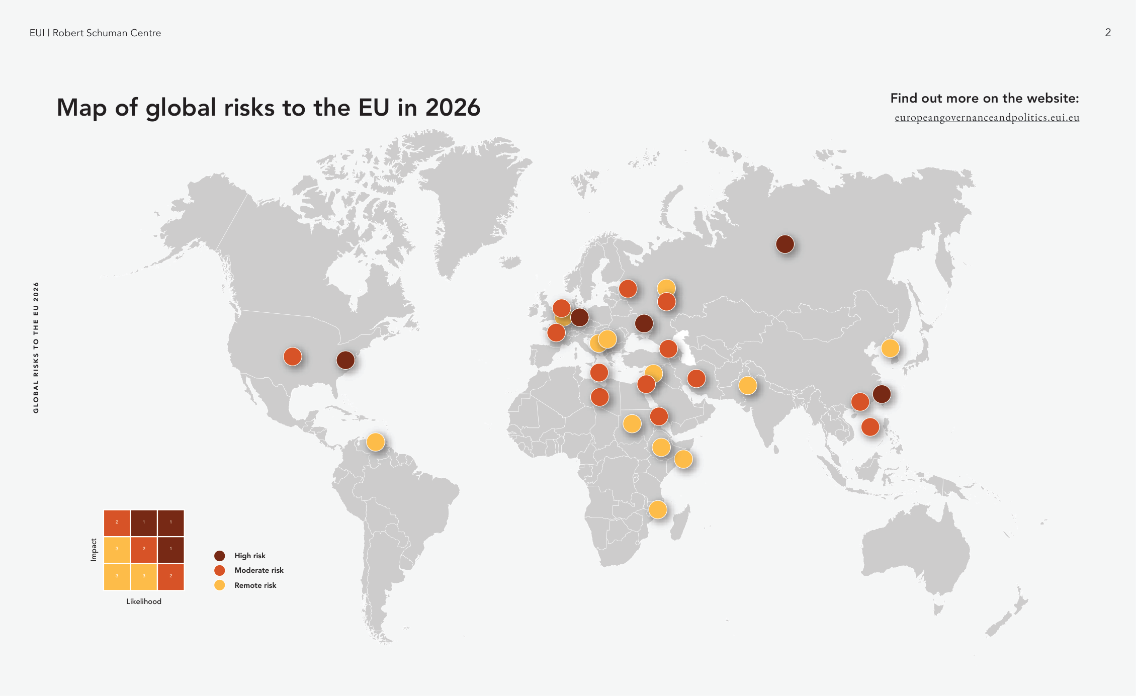 World map of global risks to the EU in 2026, with each risk plotted by location and shaded high, moderate or remote.